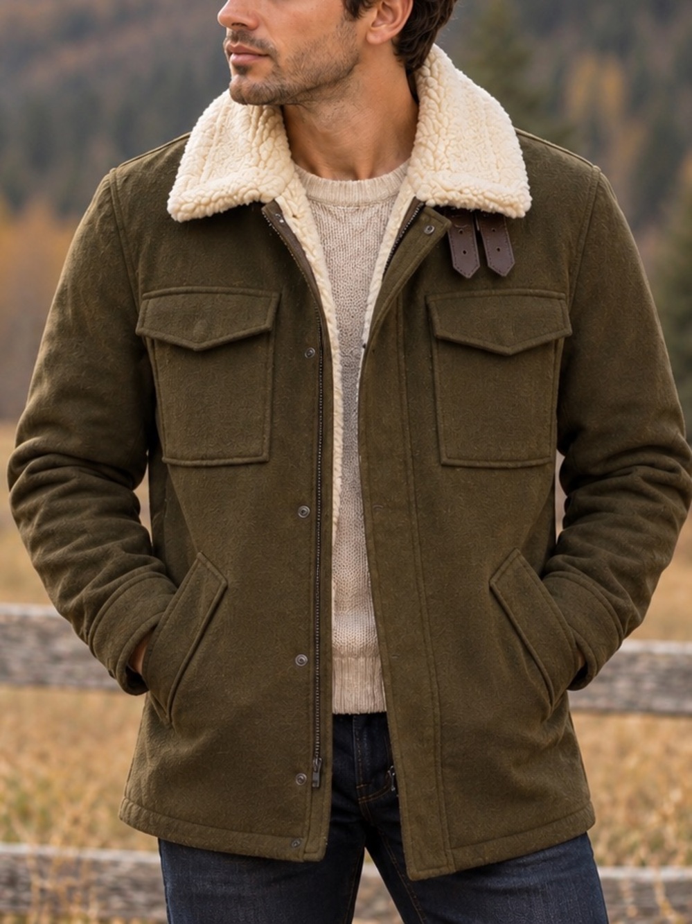 Zara Man Olive Faux Shearling Field Jacket Military Utility Coat Men’s S